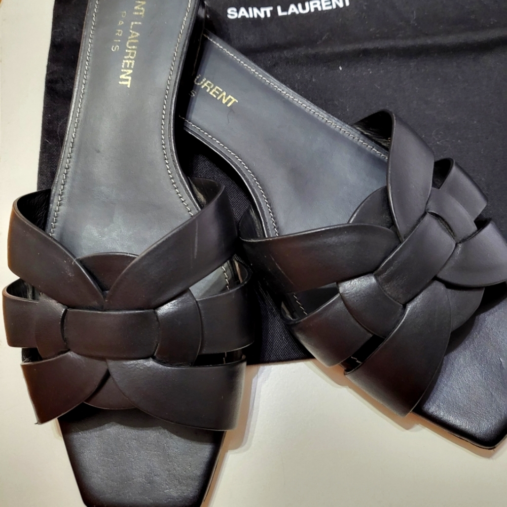 Saint Laurent tribute flat sandals, Black, authentic